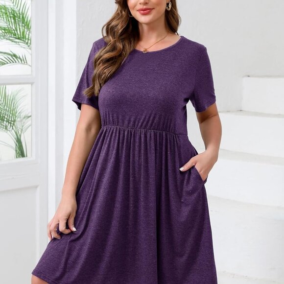 Plus Size Maxi Dress Summer Casual Short Sleeve Pockets Elastic Waist - Picture 2 of 6